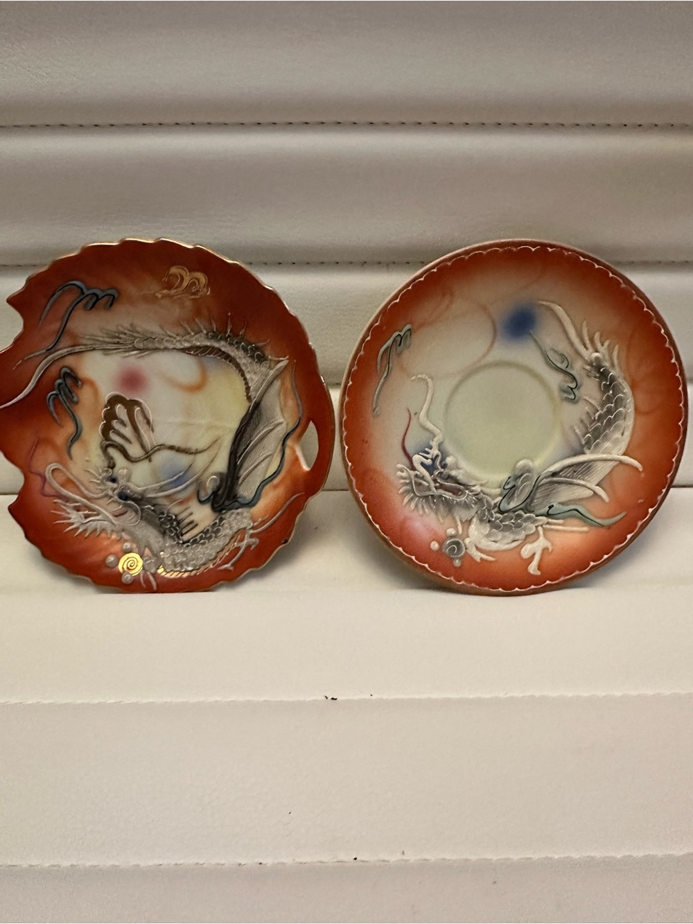 Vintage Japanese Moriage Dragonware Hand Painted Porcelain Dish 2pc set